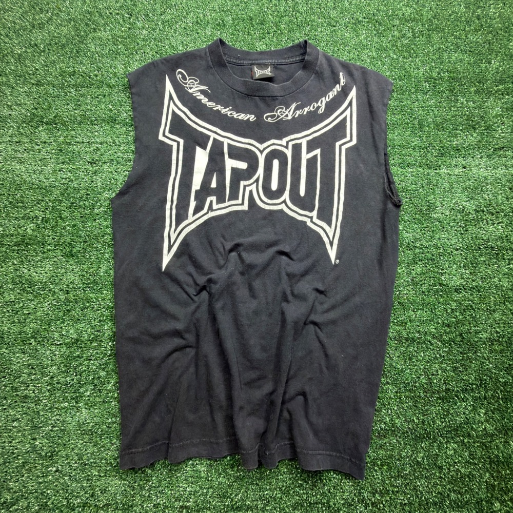 VTG Y2K Tapout American Arrogant Muscle Shirt Black Sleeveless Graphic T Mens L